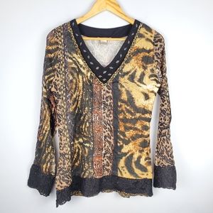 ALBERTO MAKALI Animal Print Embellished Beaded Top, Size L